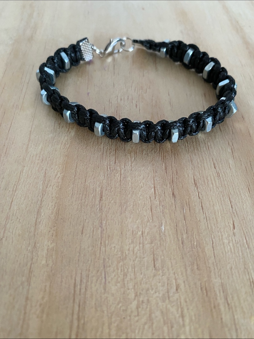 Braided Black Cord Hex Nuts Bracelet with Silver Accents - Men's Accessory